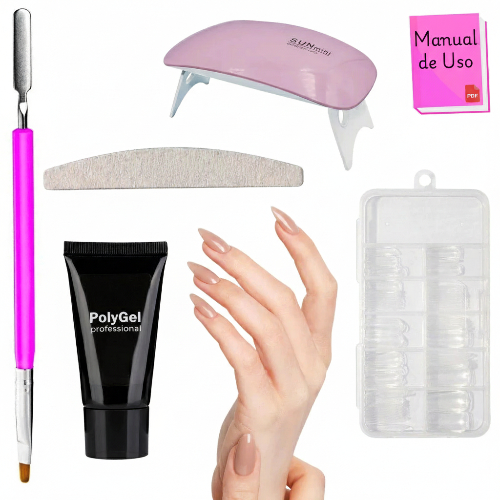 Kit Alongamento Poligel Polygel + Molde F1 + Lixa + Mini Cabine De Unha + Pincel 02 em 1