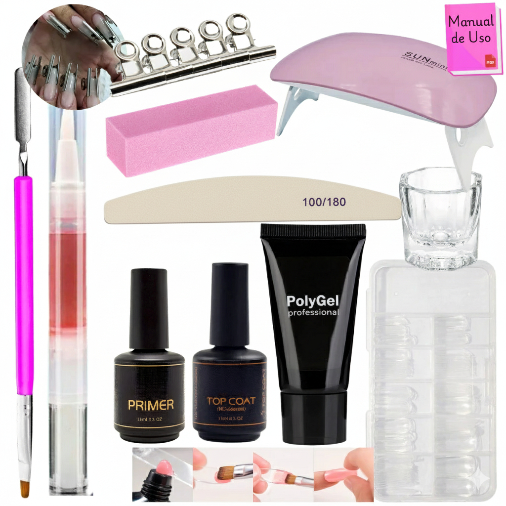 Kit Polygel Alongamento De Unha + Molde F1 + Lixa + Top Coat + Primer + Cabine Sun Mini Poligel Alongamento Unhas Poly