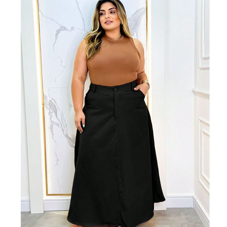 Saia Longa Femenina Plus Size G1 G2 G3 G4  Alfaiataria Com Bolsos Na Lateral Cintura Alta-MODA VERÃO, Tendencia em Oferta na Shopee