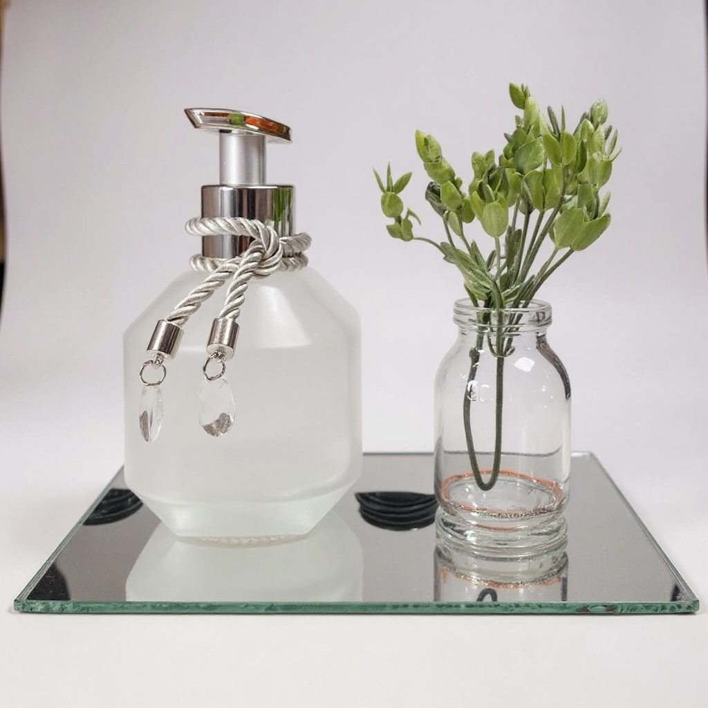 Kit Porta Sabonete Líquido Álcool Hidratante Vidro Scarlet 250ml Com Bandeja Espelhada e Vaso Planta