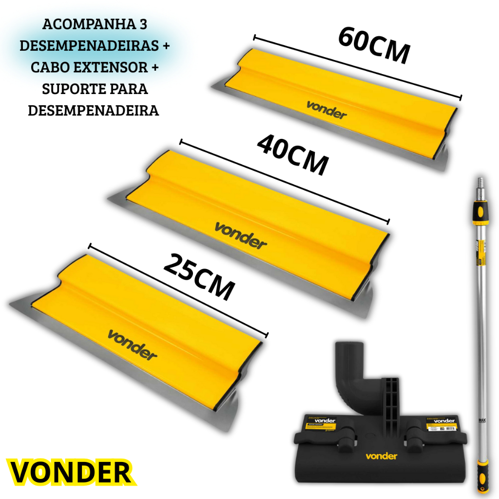 Imagem Kit Desempenadeira Para Massa Corrida 25cm 40cm e 60cm Com Suporte e Cabo Extensor Vonder