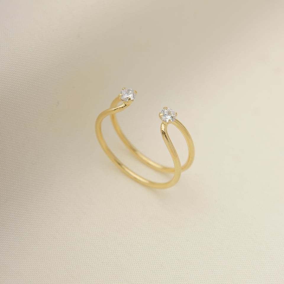 Anel Regulável Feminino com Zircônia Brilhante, Banhado a Ouro 18k