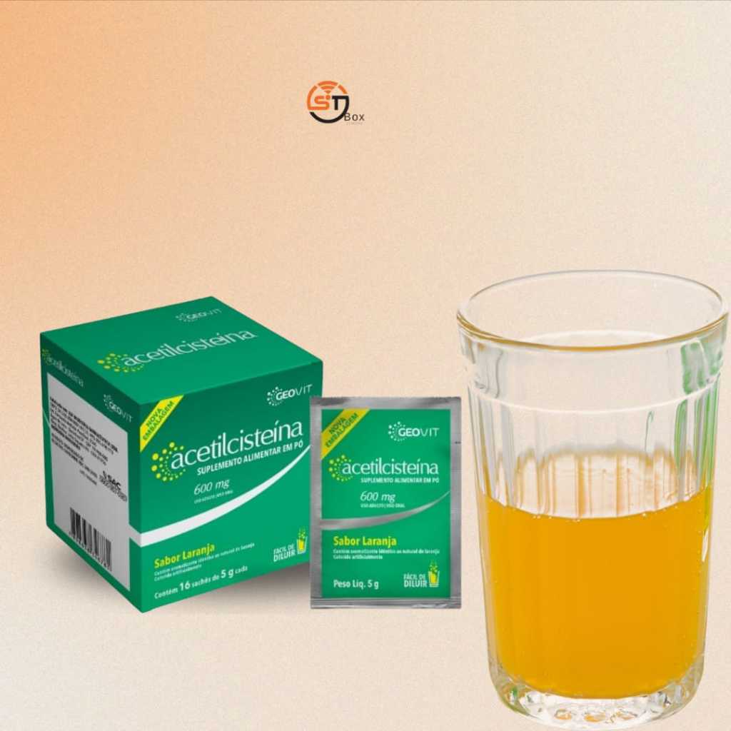 Acetilcisteína Geovit 600mg Suplemento Alimentar – Até 64 Sachês de 5g Sabor Laranja com Nota Fiscal