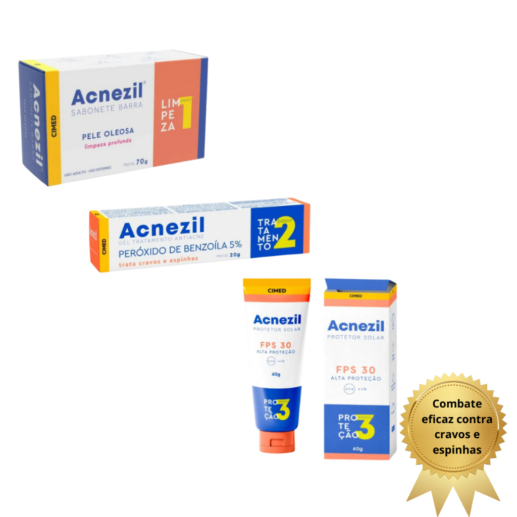 Kit Completo Acnezil: Sabonete para Pele Oleosa + Peroxido de Benzoila + Protetor Solar SPF 30