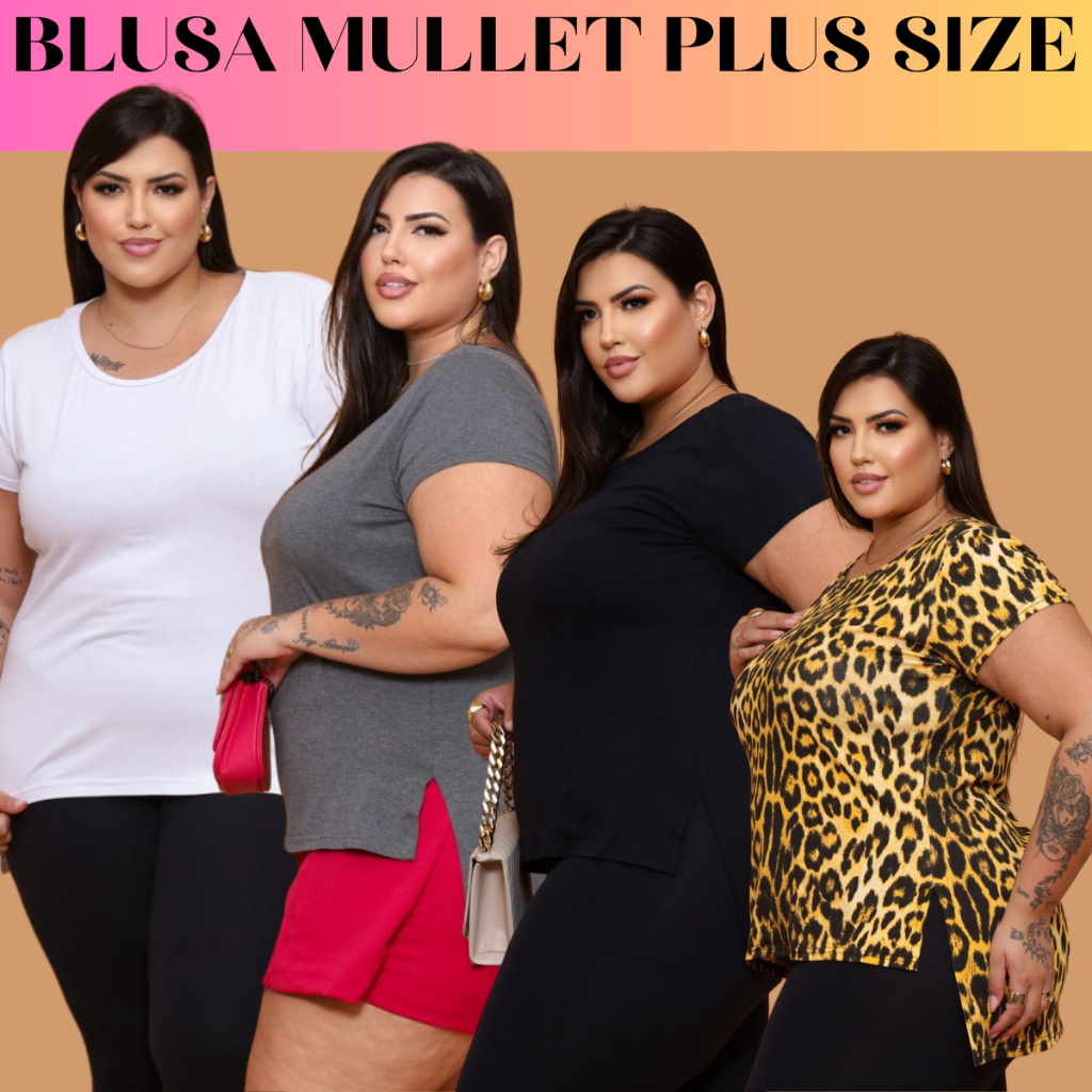 Blusa Mullet Plus Size fitness-  T-shirt alongada tapa bumbum verão academia moda plus size sise em Oferta na Shopee
