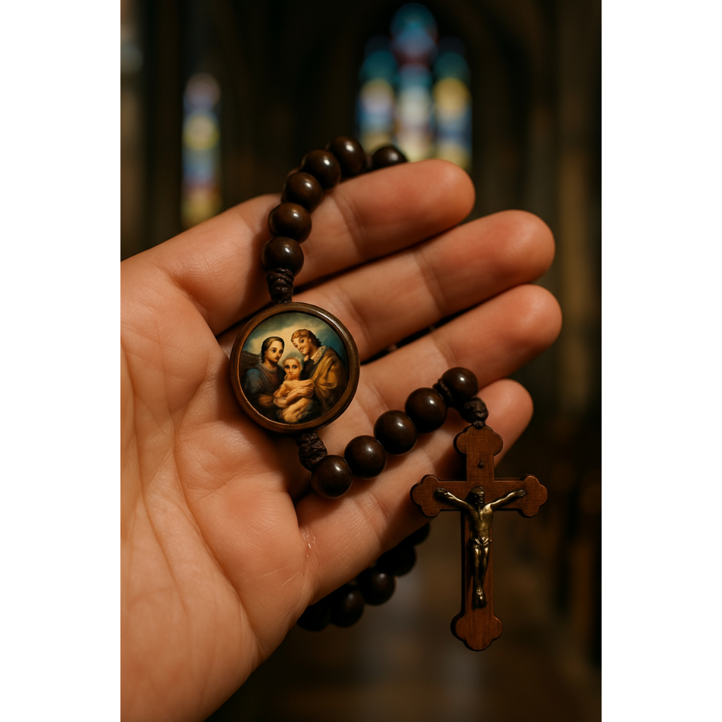 Terço Rosário de Madeira Sagrada Família | Cordão Resistente | Proteção Familiar | Presente Católico