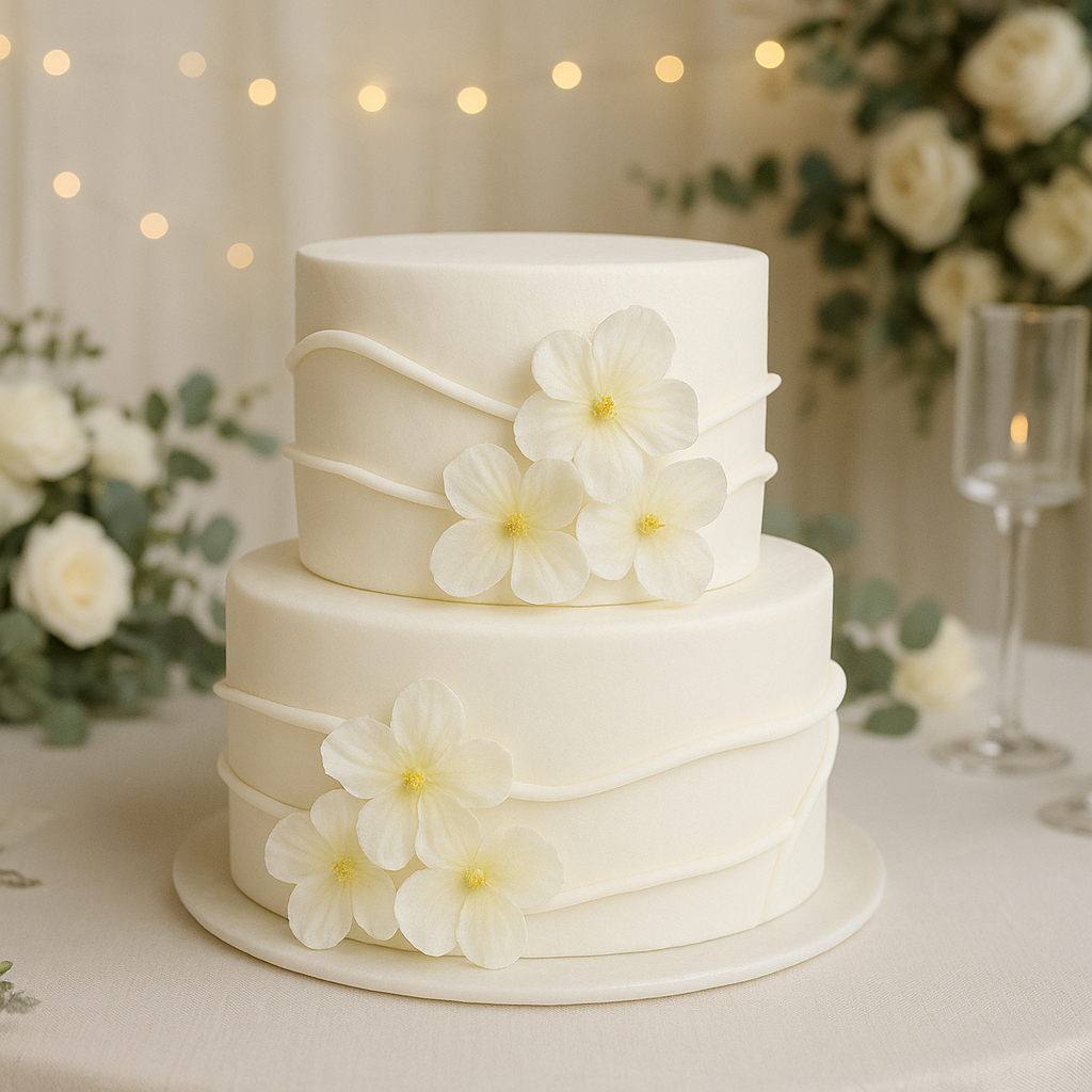 Bolo Fake Espatulado Casamento Noivado Branco com Flores Brancas 20x15 cm Em EVA SEM Emendas