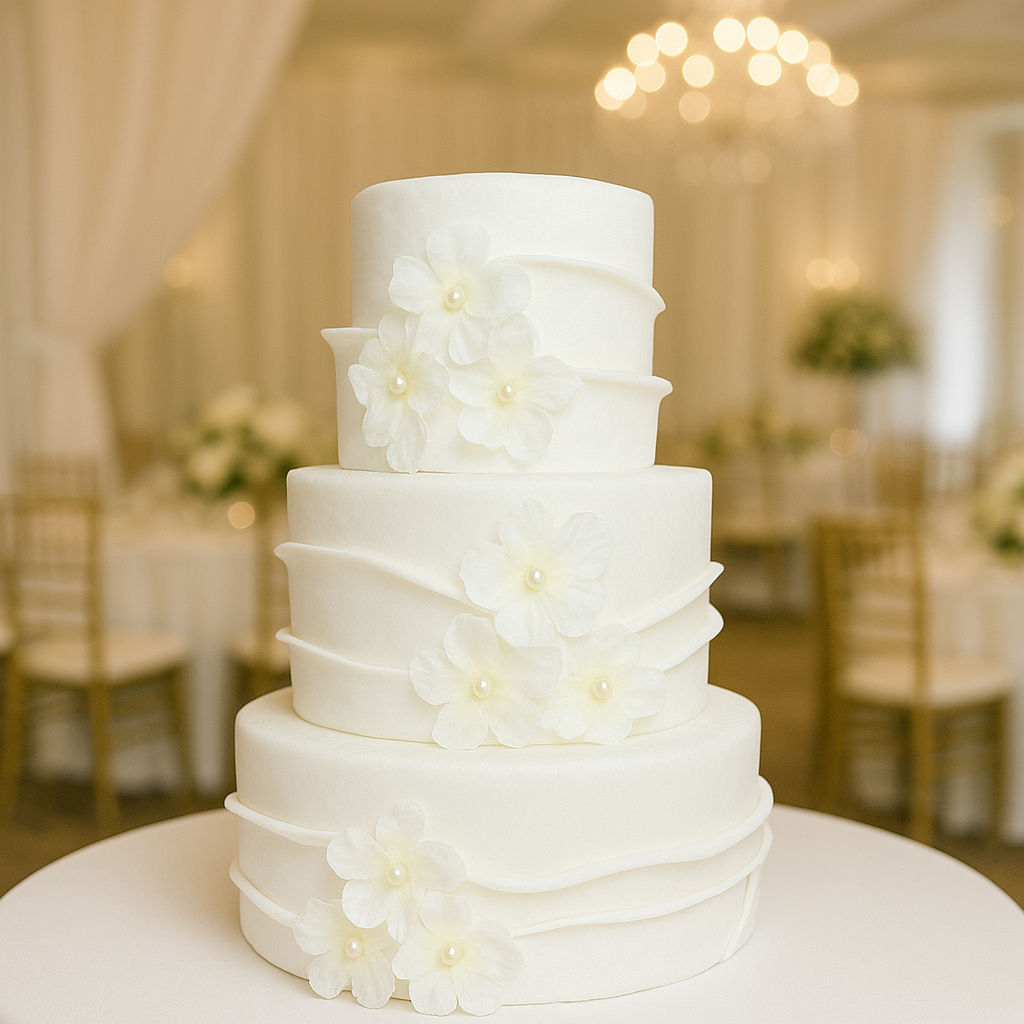 Bolo Fake Casamento Ruflado Flores Brancas 20x15x10 Efeito Espatulado Em EVA Sem Emendas