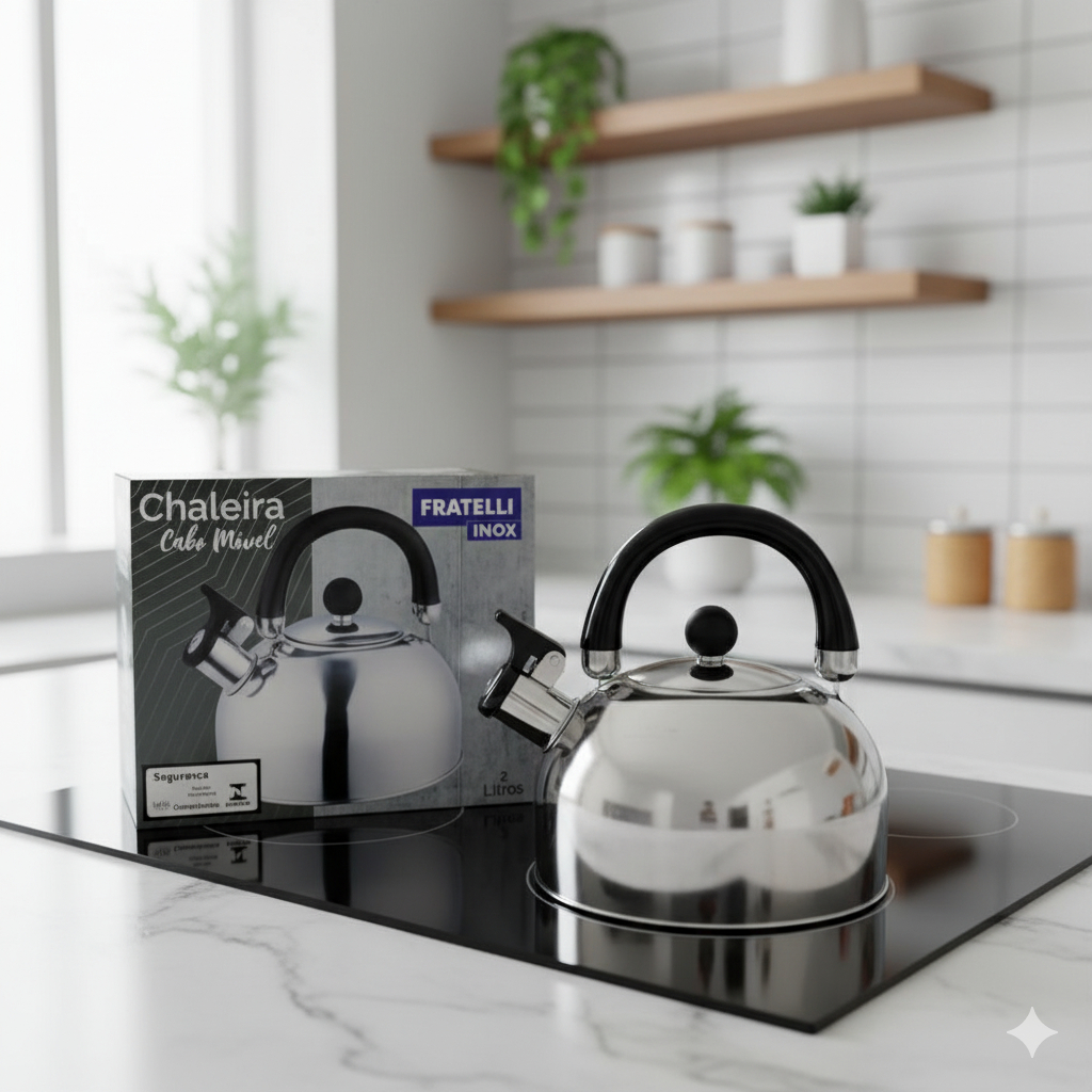 Chaleira Aço Inox Apito 2 Litros Fervedor Bule Cozinha Fogão Indução Inoxidável Tampa