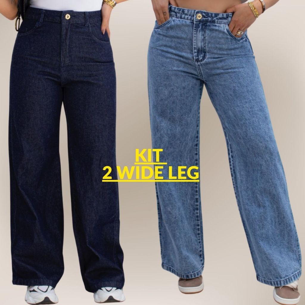Kit 2 Calças Feminina Wide Leg Cós Alto Empina Bumbum Pantalona