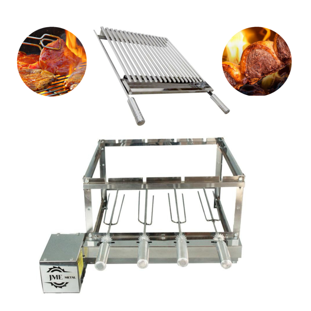 Churrasqueira Grill Elétrico giratório 100% Inox 4 Espetos + Grelha Argentina