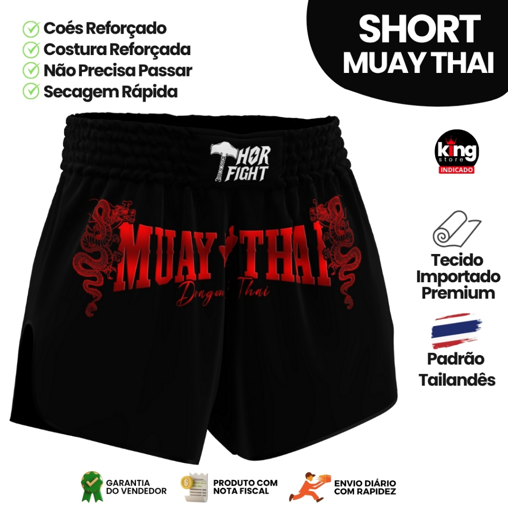 Short Muay Thai Dragon Thai Vermelho Unissex Premium Padrão Tailandês Alta Qualidade Treino Luta