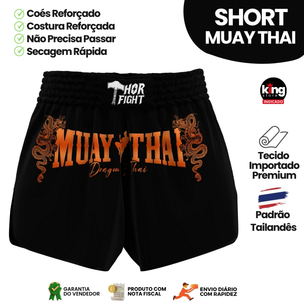 Short Muay Thai Dragon Thai Laranja Unissex Premium Padrão Tailandês Alta Qualidade Treino Luta