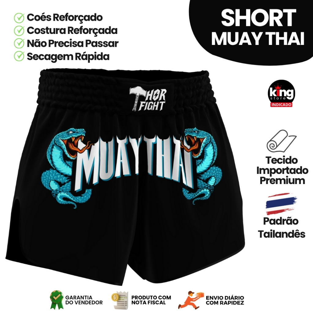 Short Muay Thai Dragon Thai Blue Snake Unissex Premium Padrão Tailandês Alta Qualidade Treino Luta