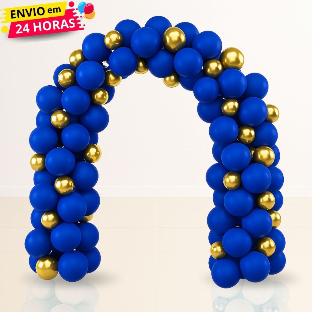 Kit 75 Balões Latex e Cromado - Azul Royal e Dourado Cromado Decoração Aniversário Festas e Eventos