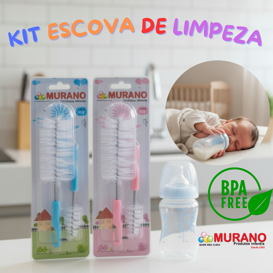 Escovas Higiene Limpeza para Mamadeira e Bico Azul ou Rosa – Murano | 2 Escovas Blister LUMI