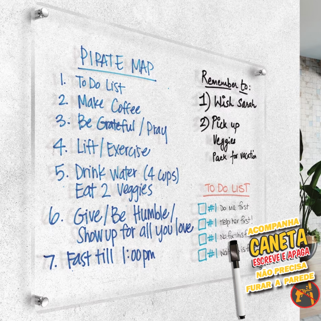 Lousa Parede Gs Comercial Acrilico transparente fixação adesiva acompanha caneta