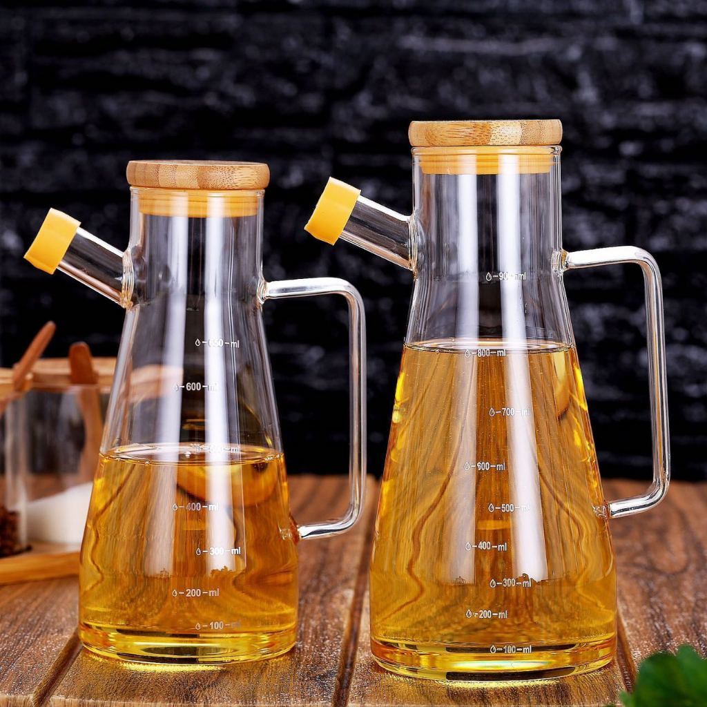 Galheteiro de Vinagre/Azeite com Tampa de Bambu e Bico Dosador Jarra de Vidro 900ml
