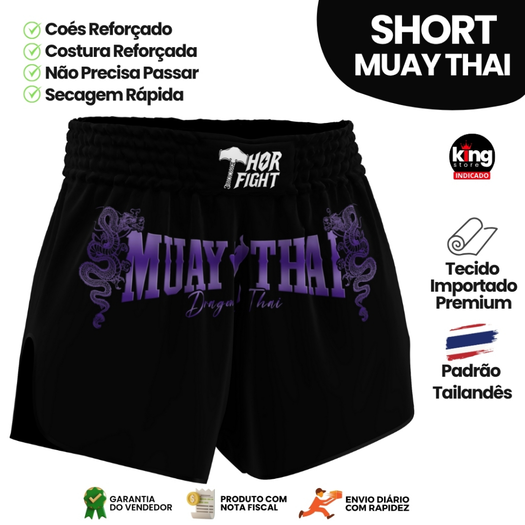 Short Muay Thai Dragon Thai Roxo Unissex Premium Padrão Tailandês Alta Qualidade Treino Luta