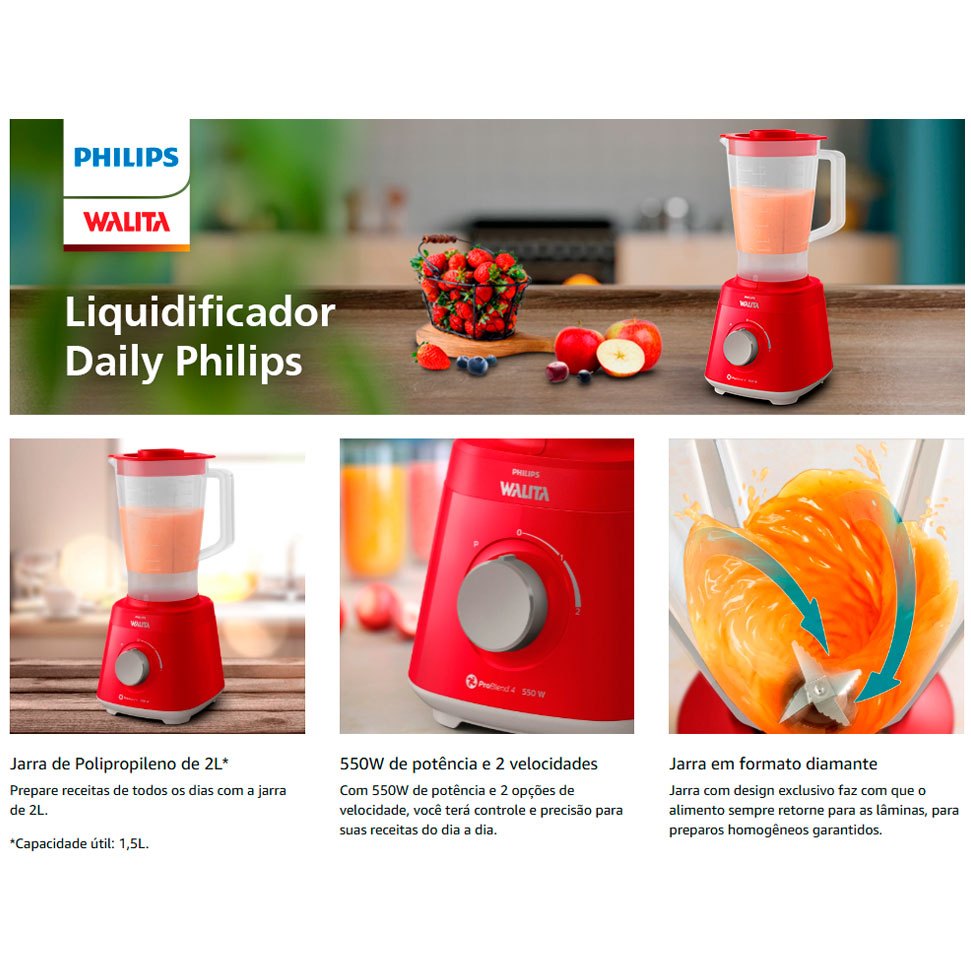 Detalhes do Liquidificador Philips Walita 550W Problend 2L RI2110 Vermelho 110v Jarra de Plástico Resistente 2L