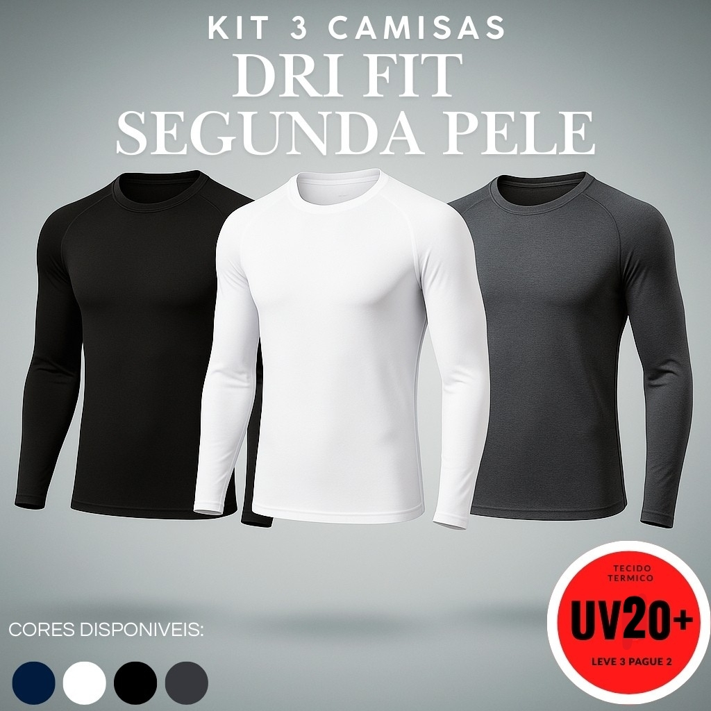 Kit com 3 Camiseta Uv Segunda Pele Proteção Solar Fator 50+ CORES VARIADAS