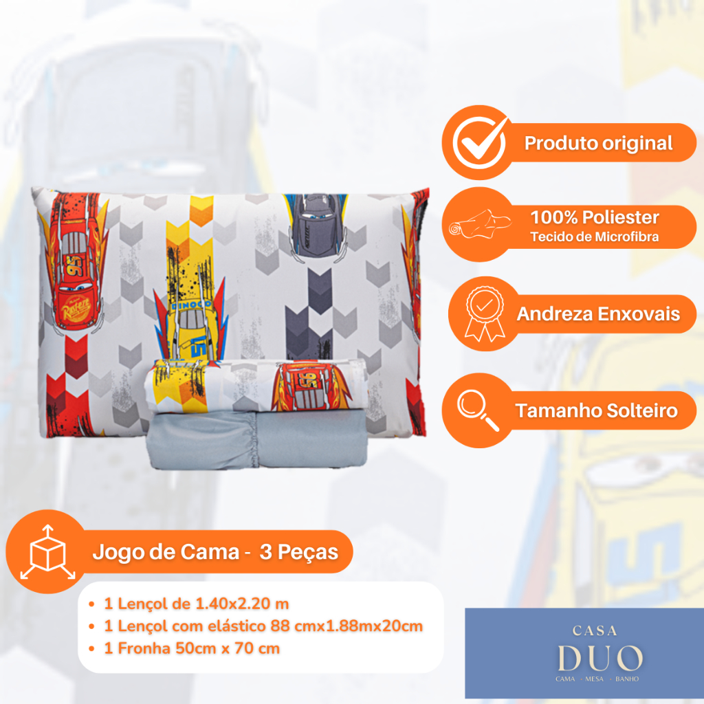 Jogo de Lençol SOLTEIRO I Manta Flannel I Edredom Dupla Face I Porta Travesseiro Carros Race Disney