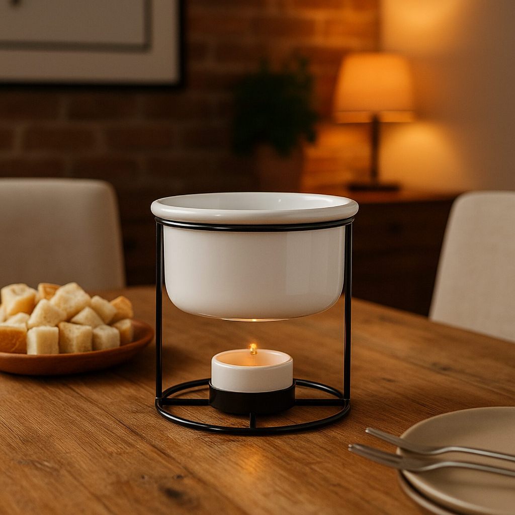 Fondue Réchaud 3 Peças 600ml Porcelana E Suporte Aço Epóxi
