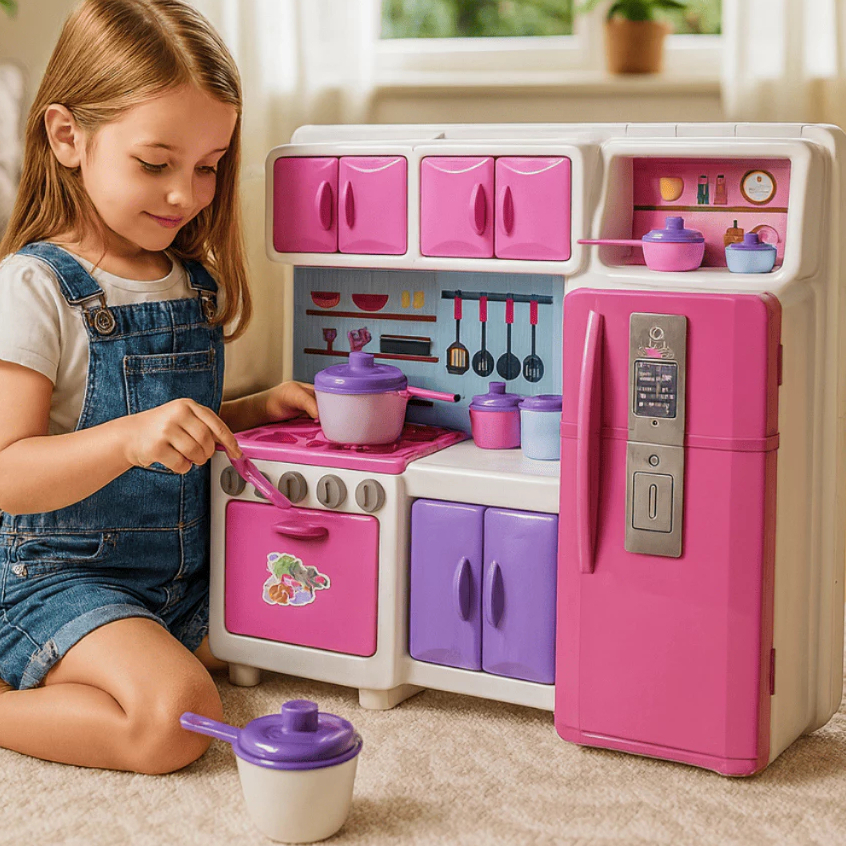 Mini Cozinha Fogão Geladeira e Armário  brincando de casinha cozinhar brinquedo infantil menina e acessorios rosa