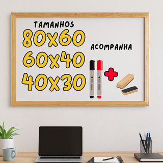 Quadro Lousa Escolar Branco Moldura em Madeira + 2 canetões e Apagador em Oferta na Shopee