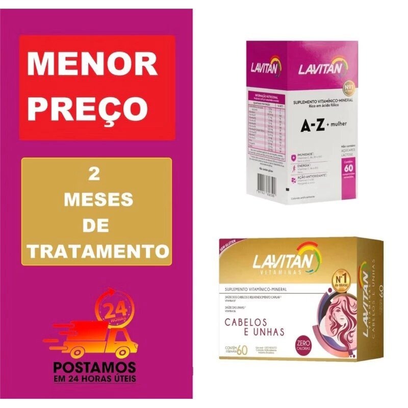 Kit vitamina a para Mulher 1 Lavitan Hair 60 Cps + 1 Lavitan A - Z Mulher 60 Cps em Oferta na Shopee