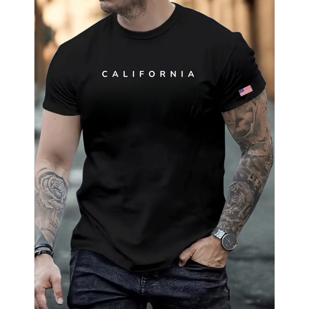 Camiseta Masculina California Preta Manga Curta Gola Redonda Estampada 100% Algodão Premium