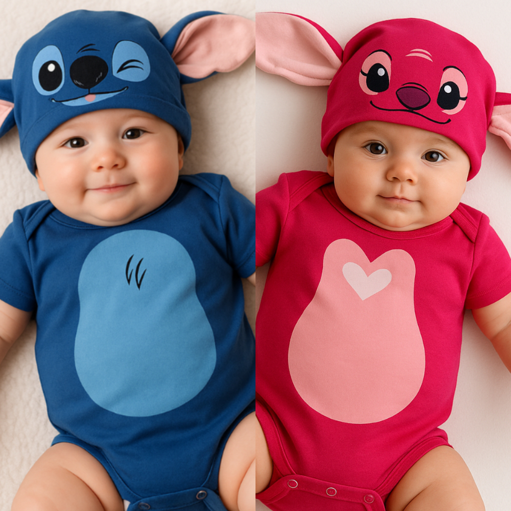Body Bebe Stitch e Angel Body + Touca Bori de Mesversario Fantasia Infantil(NOVO-BARRIGA)