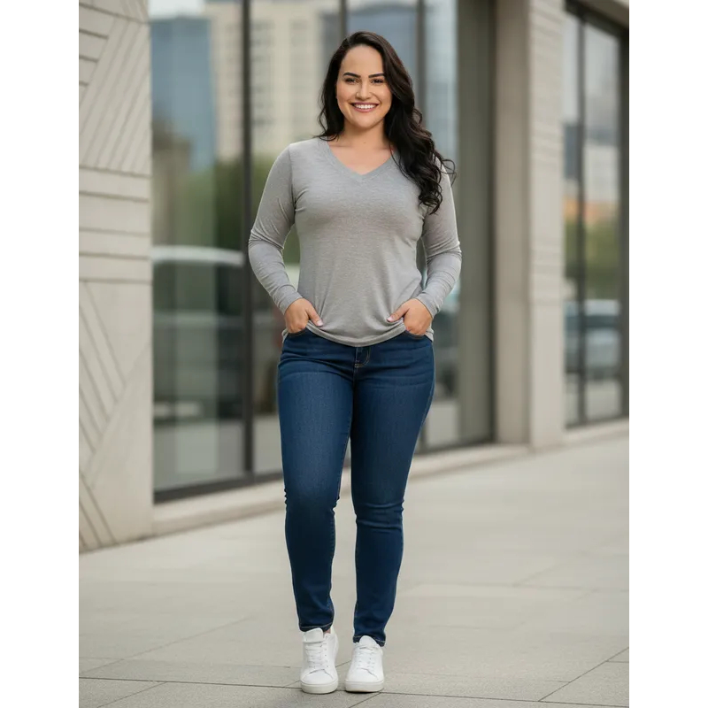 Blusa T Shirt manga comprida plus size bata baby look lisa gola V camiseta feminina básica oversized