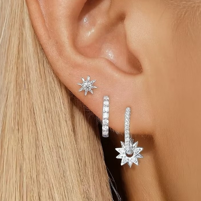 KIT 3 PARES Prata 925 de Brincos estrela 8 pontas Cravejada Zircônia com Garantia Banhada em Ouro 18k