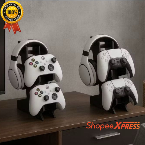 Suporte De Mesa Para 2 Controles Headset Xbox One X Sx Ps5 Cor Preto
