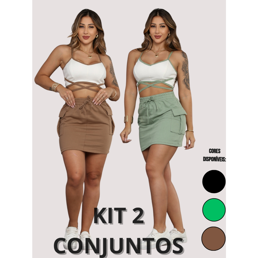 Kit 2 Conjuntos Femininos Saia Cargo Bolsos Laterais Moletinho Cropt de Ribana Tecido Duplo  com Tiras/Moda Gringa Verão