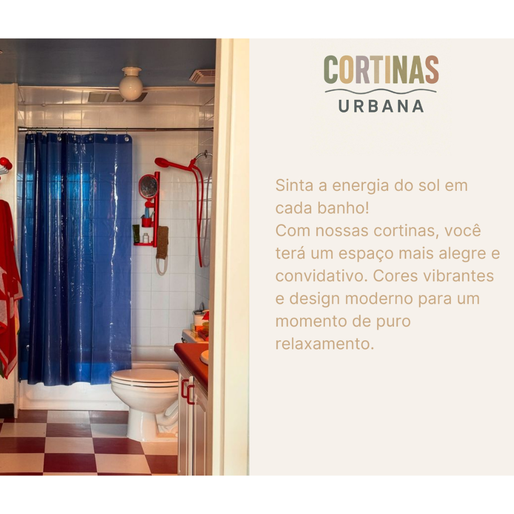 Cortina Colorida Box Azul p/ Banheiro | Impermeável 1,40x2,00m c/ Ilhós em Plástico Cristal Estilo Pinterest