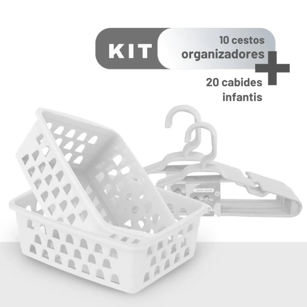 Kit 20 Cabides Infantil e 10 Cestos Organizador Branco Guarda Roupa