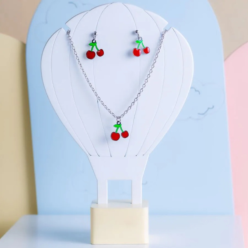 Conjunto Colar + Brincos em Aço Inox Cereja Resinado Cordão 35cm Criança Acessórios Infantil Cerejinha