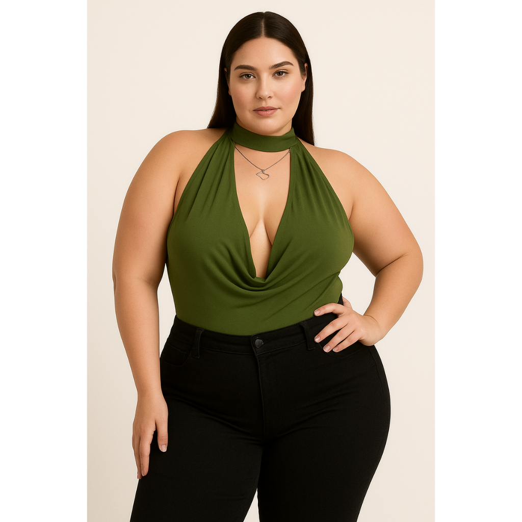 Body Feminino Plus Size Decote Profundo Frente Drapeada – Sexy e Elegante, verão.
