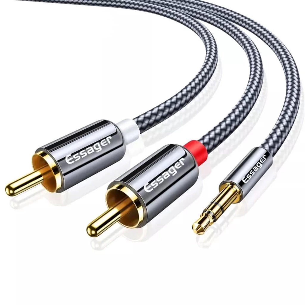 Cabo de Áudio Auxiliar Blindado P2 x RCA Estéreo Essager - 5 Metros