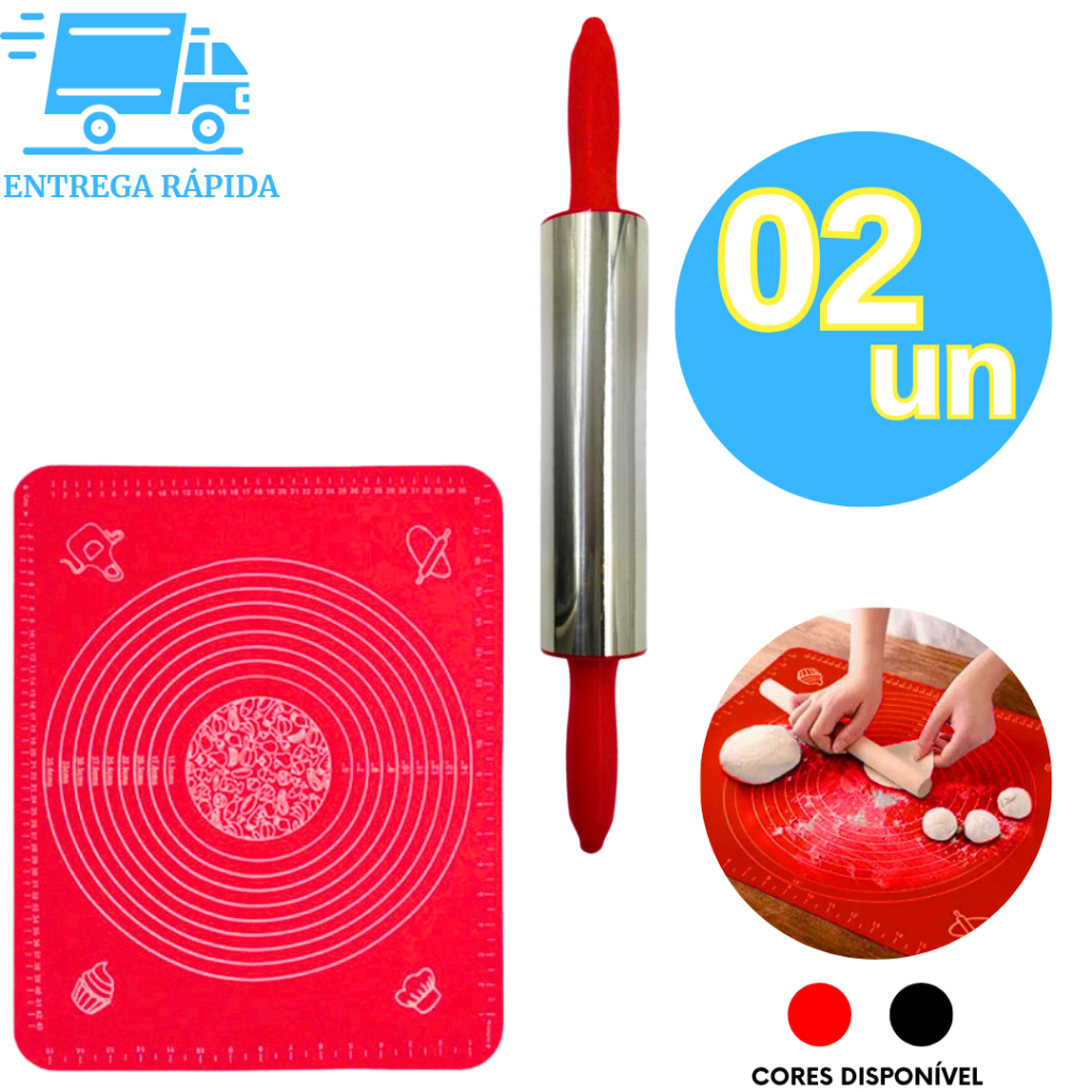 Kit 2 Peças Tapete de Silicone Culinário com Medida e Rolo de Massas Aço Inox Giratório Profissional