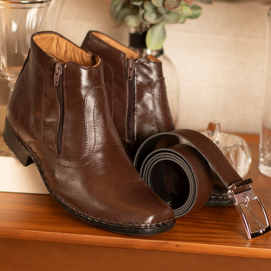 Botina e Cinto Social Masculina Bota de Couro Legítimo Macia Cinto Social Premium Leve