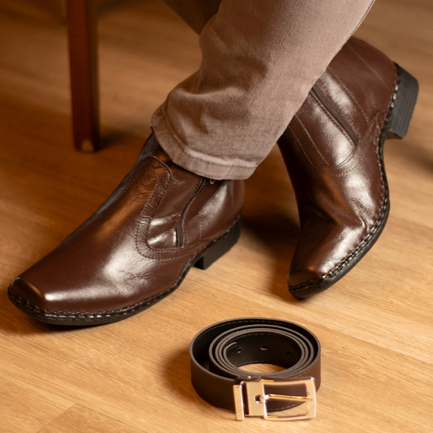 Botina e Cinto Social Masculina Bota de Couro Legítimo Macia Cinto Social Premium Leve