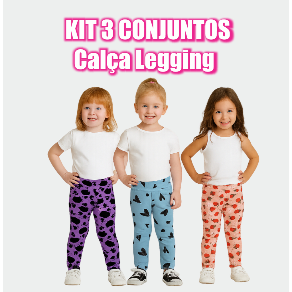 Kit com 3 Calças Legging Menina Confortável Ideal para Escola Infantil ESTAMPAS E CORES SORTIDAS
