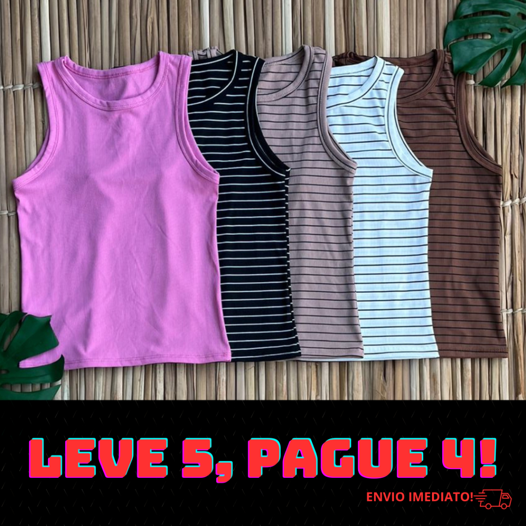 Kit 5 Regata Feminina Canelada Lisa/Listrado Camiseta Básica Blusa Casual Tendência Verão