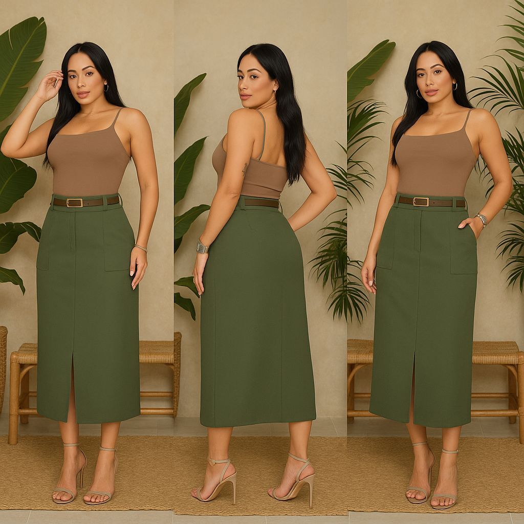 Saia Midi Alfaiataria Com Cinto de couro e Fenda Bolso  frente Moda evangélica festa em Oferta na Shopee