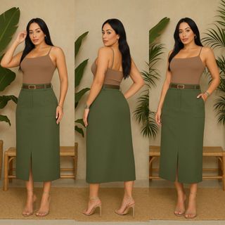 Saia Midi Alfaiataria Com Cinto de couro e Fenda Bolso  frente Moda evangélica festa em Oferta na Shopee