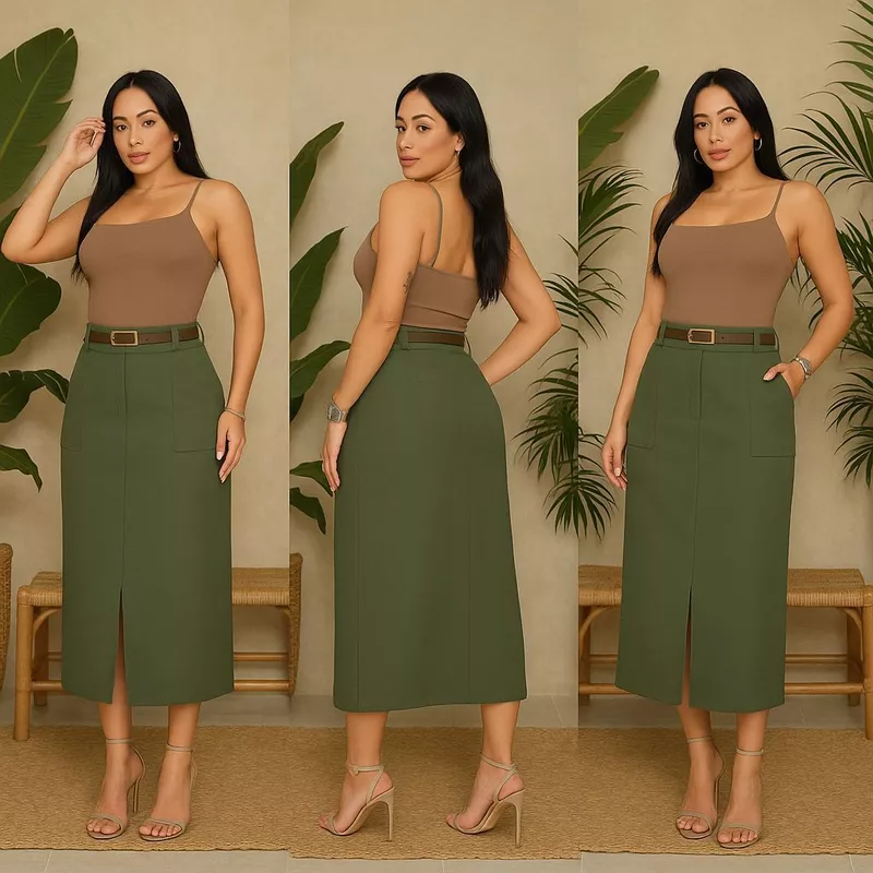 Saia Midi Alfaiataria Cinto Couro Fenda Bolso frente Moda Evangélica festa Elegante Estilosa Casual