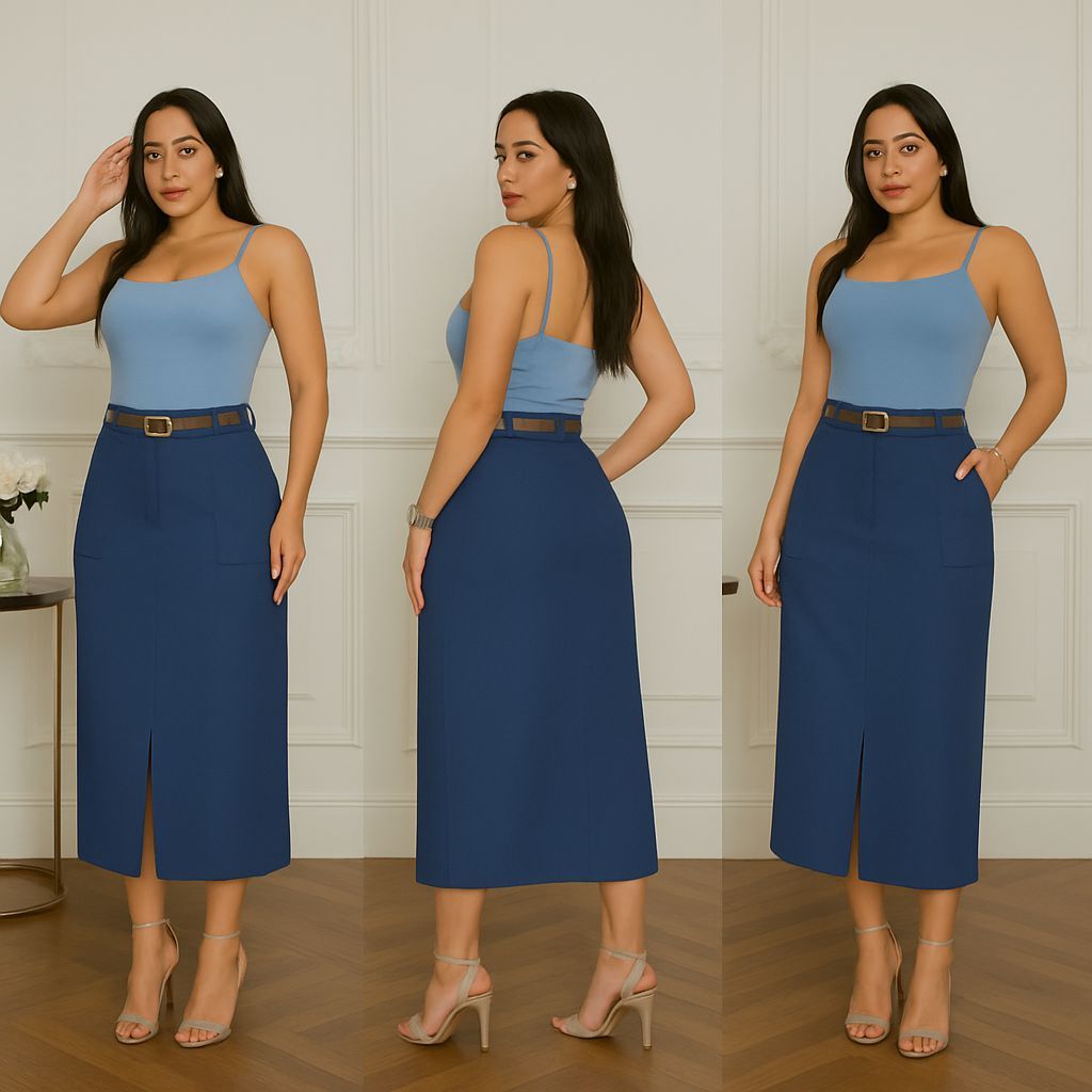 Saia Midi Alfaiataria Com Cinto e Fenda Bolso  frente Moda evangélica festa em Oferta na Shopee